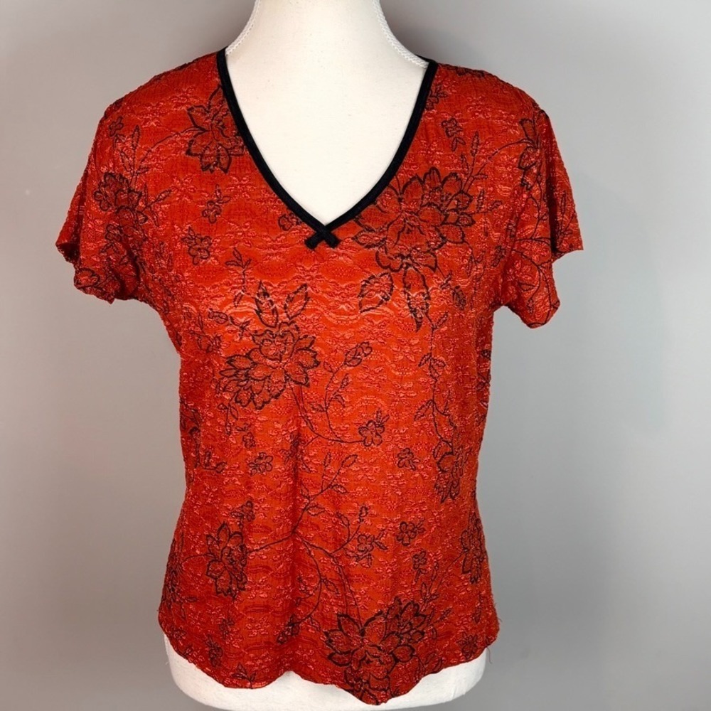Worthington Womens Orange Floral Crinkle Y2K Stretch Top Womens Large Fairy 90s